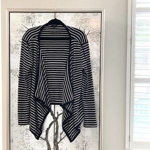 Talbots Womens Medium Black White Stripe Print Open Front Cardigan Wrap Sweater